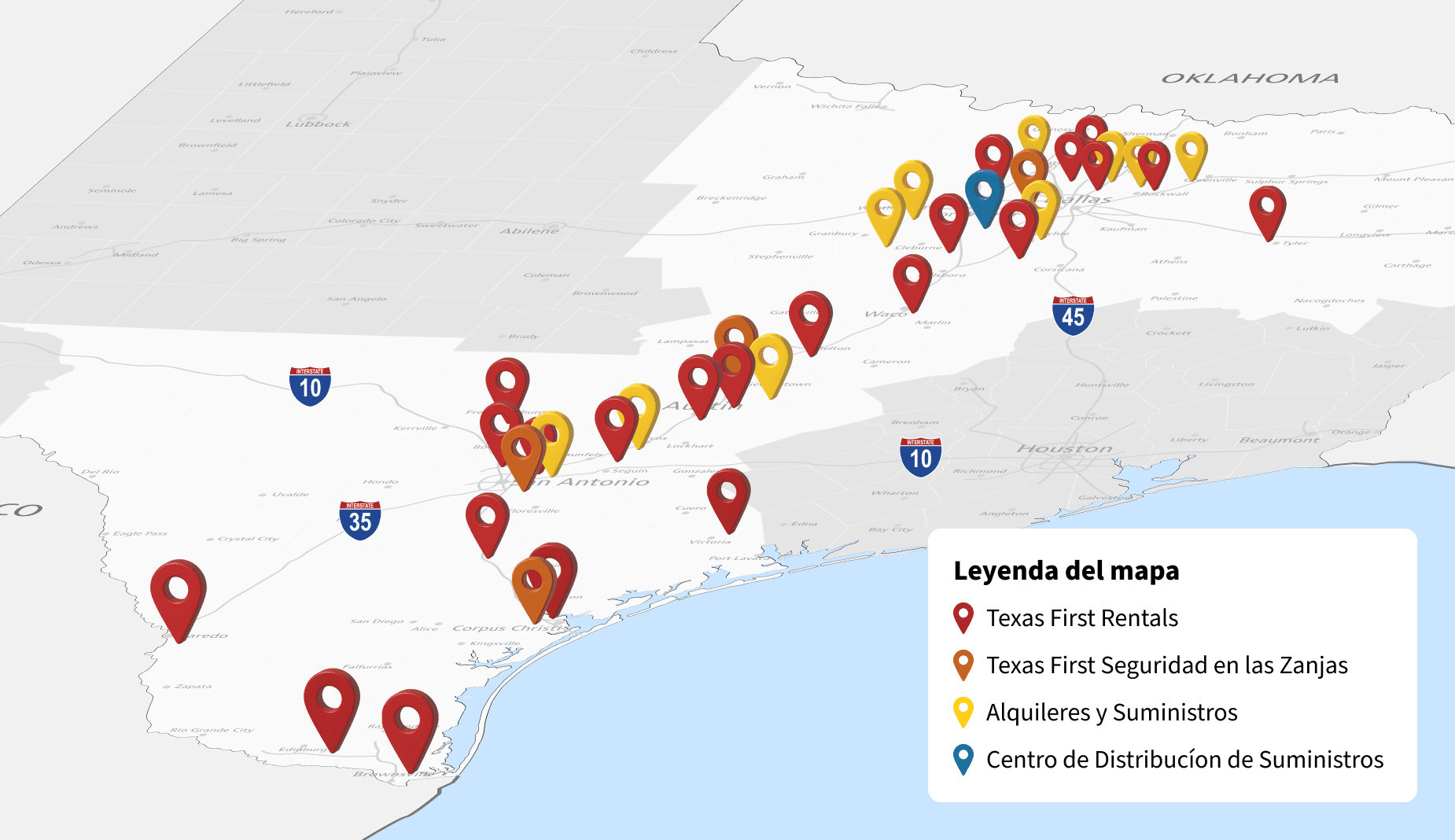 Mapa de ubicaciones de Texas First Rentals